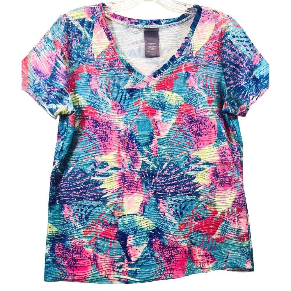 Laura Scott Petite Pink Blue Tropical Leaf Print Ripple Texture V-Neck Top LP
